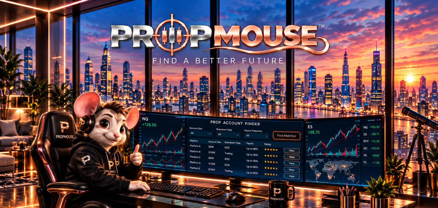 PropMouse logo above the mouse mascot seated in a glass-wall penthouse with a curved trading monitor